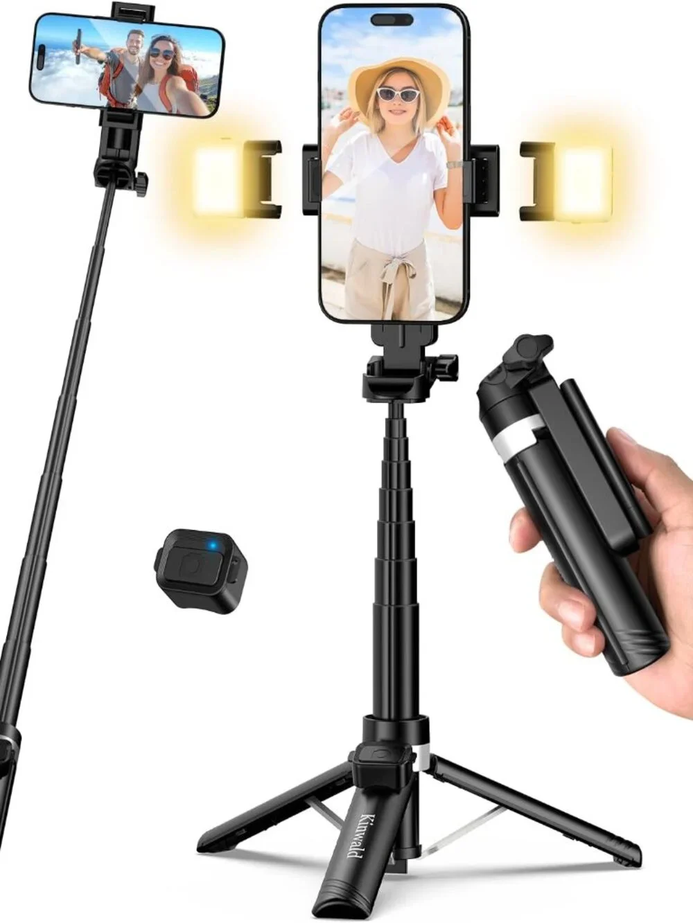 Kinwald 3-in-1 Phone Tripod with LED Lights & Remote, Extendable Selfie Stick